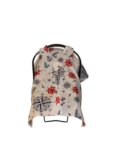 Denizci Temalı Bebek Puset Örtüsü Çapa & Dümen Desenli Çıt Çıtlı Puset Örtüsü Açık Mavi