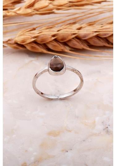Sümer Telkari Smoky Taşlı Damla Rodyumlu Gümüş Yüzük 3666