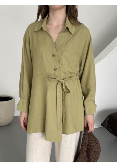 Haki %100 Pamuk Çapraz Düğmeli Beli Kemerli Gömlek Haki