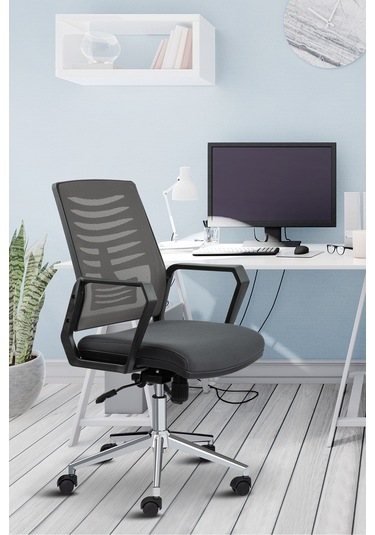 Asbir Mobilya Metis Metal Ayaklı Çalışma Koltuğu Ofis Sandalyesi Gri Siyah
