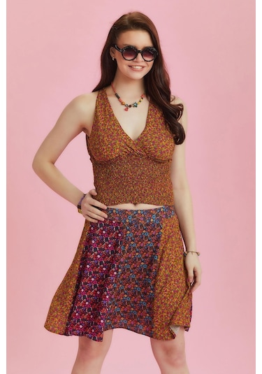 Los Banditos Desenli Patchwork Parçalı Mini Etek 001