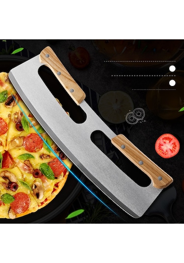 Skycity Çift Kollü Ahşap Saplı Paslanmaz Çelik Yarım Dairesel Pizza Dilimi, Yeni Koruyucu Kılıf İle Verimli Kesim Diğer