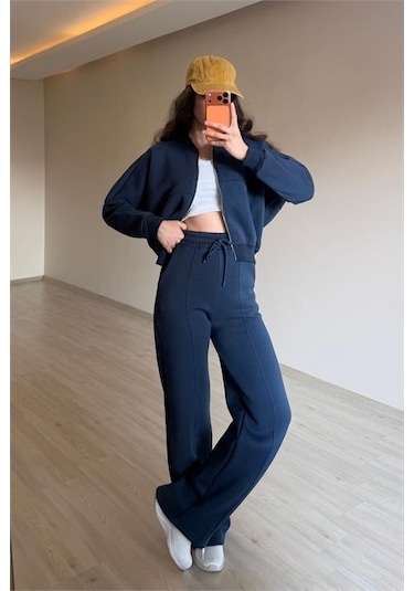 Neşeli Butik Kadın Oversize 3 İplik Cepli Eşofman Takımı Nm029 Lacivert