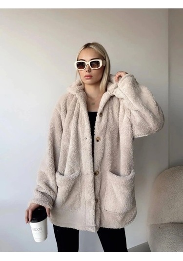 Kadın Uzun Kollu Cep Ve Düğme Detay Wellsof Kumaş Kaban Bej