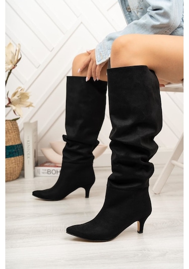 Sr-2001 Siyah Süet Körüklü İnce Topuklu Günlük Bayan Çizme Siyah