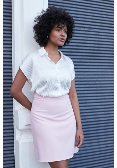 Yüksek Bel Hafif Likralı Kumaş Diz Boy Çan Etek-pembe Pembe