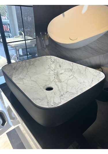 Boheme Scope 50 Cm Mat Siyah Calacatta Tezgah Üstü Çanak Lavabo Şık Tasarım Krom