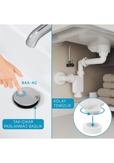 Aqua Bagno Smart Pop-up Sifon , Taşma Deliksiz Krom +comfort Yer Kazandıran Lavabo Sifonu -2 Parça Set