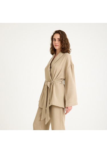 %100 Pamuklu Dokuma Şal Yaka Müslin Kimono-pantolon Alt Üst Takım Bej