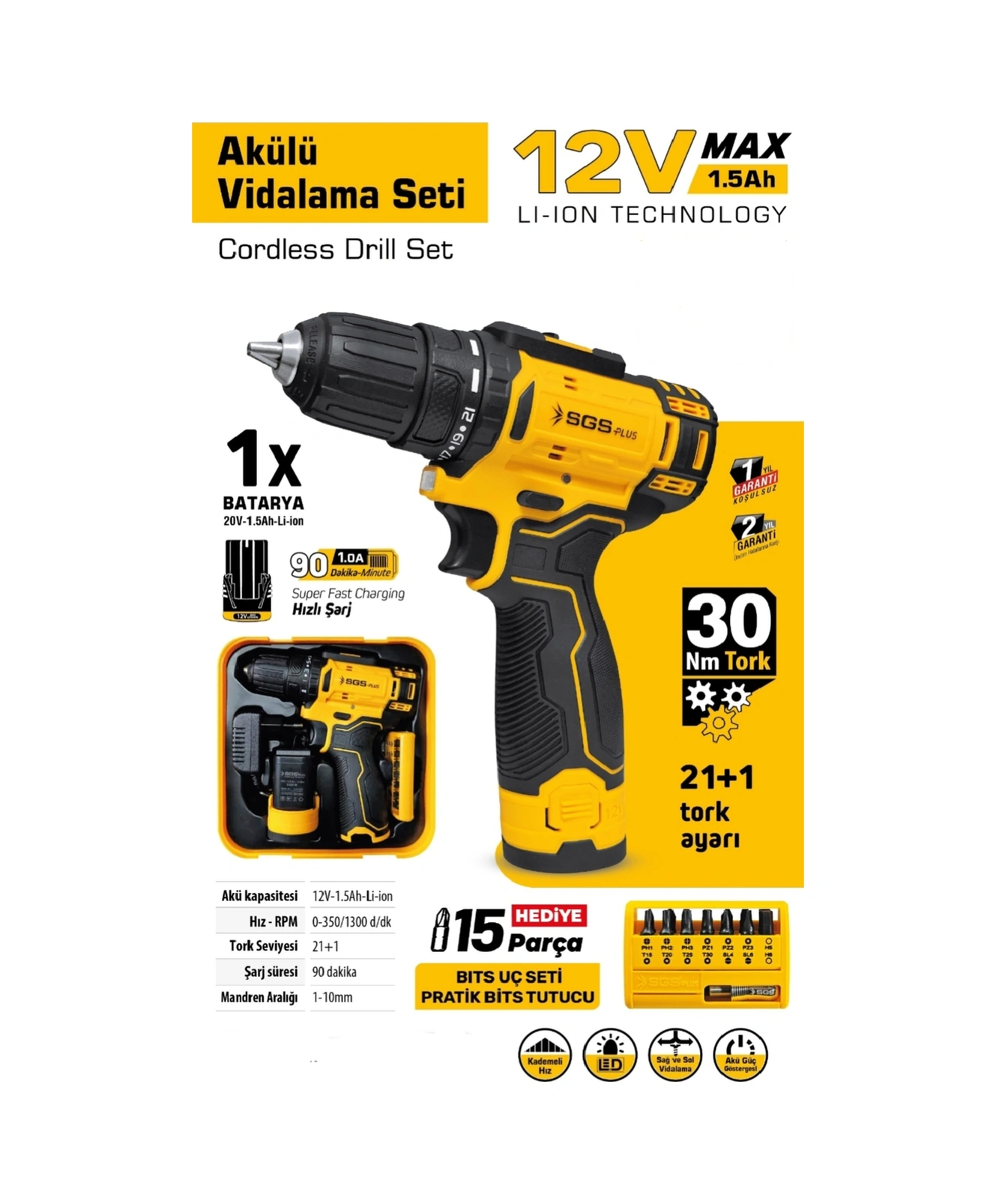 Sgs Plus SGS-5147 12V Li-Ion Şarjlı Vidalama Seti