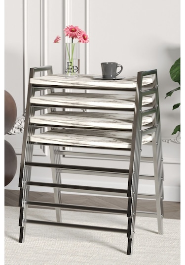 Zigon Sehpa , Aden 4'lü Tepsi Zigon Sehpa Takımı Gümüş Metal - Beyaz Mermer Tabla Gümüş-beyaz Mermer