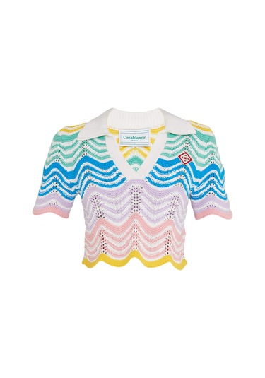 Casablanca Dalgalar Dantel Kısa Kol Cropped Polo Bluz Renkli