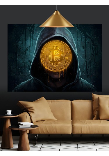 Bitcoin Sembolü Kapüşonlu Gizem Dekoratif Kanvas - Mdf Ahşap Tablo