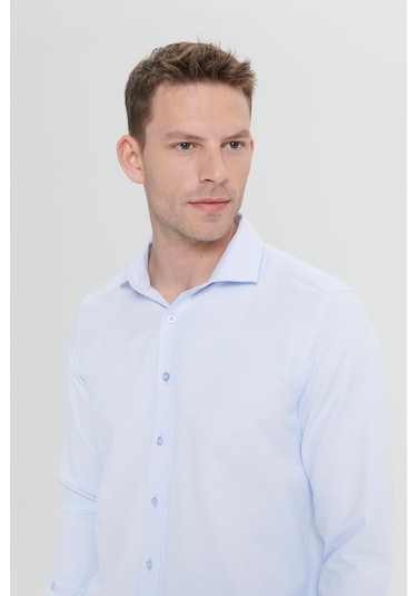 AC&Co / Altınyıldız Classics Erkek Mavi Kolay Ütülenebilir Slim Fit Dar Kesim İtalyan Yaka Armürlü Gömlek Mavi