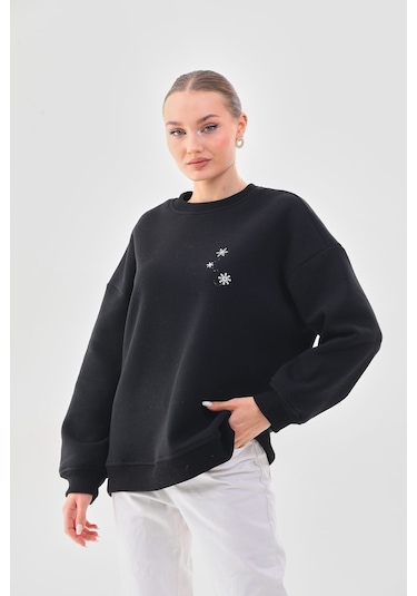 Kallima Oversize Baskılı İçi Polarlı Siyah Kadın Sweatshirt Siyah