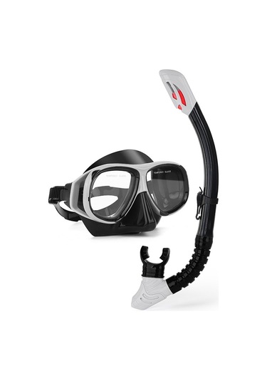 Profesyonel Şnorkel İki Parçalı Silikon Tam Kuru Şnorkel Büyük Çerçeve Sis Geçirmez Dalış Gözlüğü Seti Gümüş