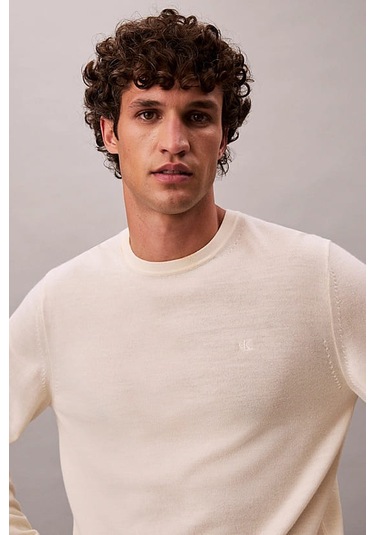 Erkek Regular Fit Merinos Yünü Triko Kazak - Krem Antique White