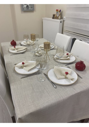 Keten Görünümlü Simli Linen Masa Örtüsü Gold 13 Parça