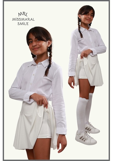 Kız Çocuk Okul Etek Beyaz /ekru Yüksek Bel Içi Şortlu Okul-oyun-spor-23 Nisan Etkinlik Eteği Beyaz