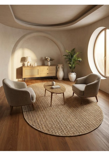 Sisal Jut Hasır OVAL Model Tek Renk Dokuma Yıkanabilir Toz Vermez Halı Krem Bej