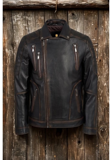 Derije Lucas Hakiki Deri Erkek Vintage Eskitme Biker Motorcu Tarzı Ceket-Mont