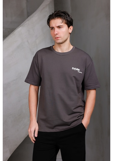 Erkek Baskılı Oversize Bisiklet Yaka 2 İki İplik Kompakt T-shirt Kahverengi