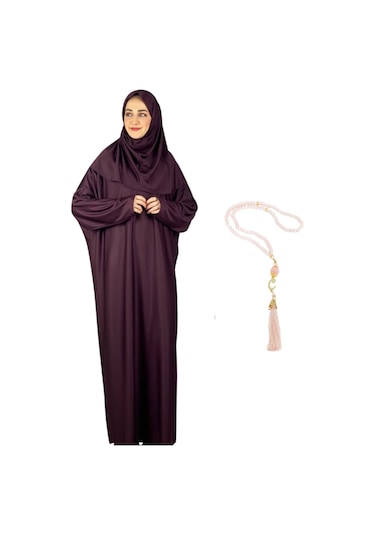 Zarif Namaz Elbisesi Ve Türban Tesbih Set Tesettür Şal Müslüman Kıyafetleri Abaya - Siyah Vişne
