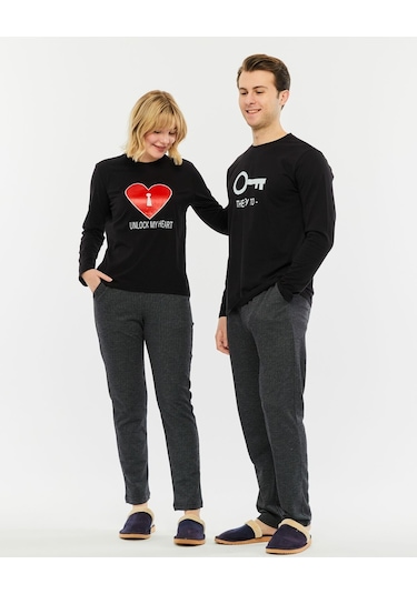Bella Dossi Çiftlere Özel Kombin Kalbimin Anahtarı Pijama Takımı Siyah