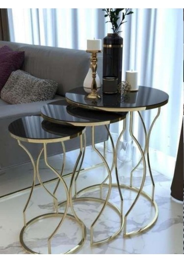 3'lü Rüya Zigon Sehpa Seti Gold Ayak Siyah Cam Altın - Siyah