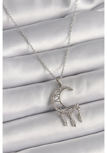 Gümüş Renk Zincir Zirkon Taşlı Hilal Model Sallantı Yaprak Detay Kadın Kolye - Ebj241228w30259 Bakır