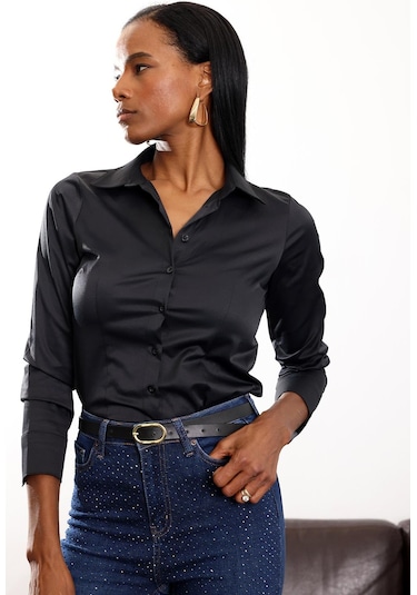 5in1Canpolat Siyah Parlak Bitişli Slim Fit Gömlek 4897 Siyah