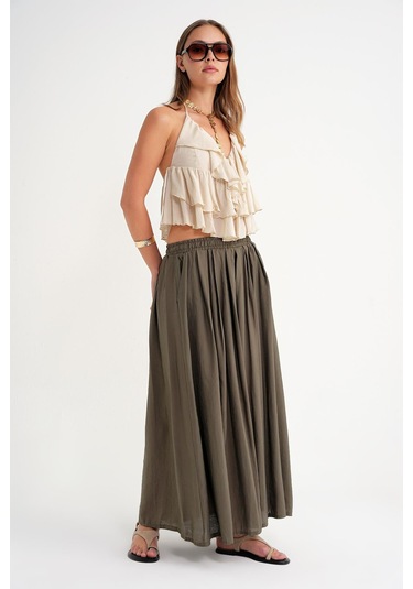 4612 Kadın Yandan Cepli Pileli Bol Etek Haki Haki 4612 Kadın Yandan Cepli Pileli Bol Etek Haki Haki