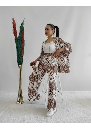 İpli Kahverengi Desenli Ikili Kimono Takım Rahat Kalıp Kahverengi
