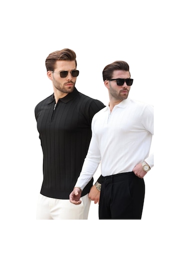 Madmext Siyah/beyaz Polo Yaka Fermuarlı Örme Kazak 2'li Set 7242 Siyah - Beyaz