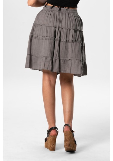 Benan Beli Lastikli Kısa Yazlık Müslin Etek Gri Gri-gri Gri