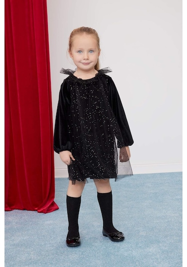 DeFacto Kız Bebek Puantiye Uzun Kollu Kadife Elbise B3476A524WNBK27 Siyah