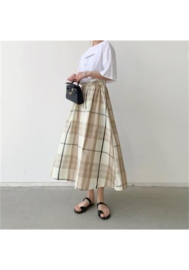 Qooth Kadınlar Rahat 8 Renk Büyük Ekose A-line Etek Tembel Elastik Bel Büyük Salıncak Uzun Etek Bahar Yaz Qt2055 Gri