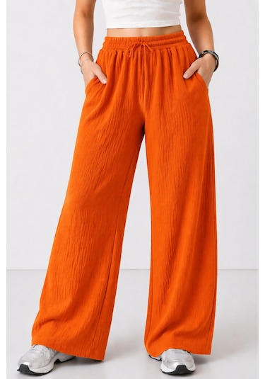 Trend Alisse Beli Lastikli Cepli Bol Paça Kadın Pantolon Turuncu