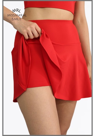 Kırmızı Etek Içi Sabit Şortlu Lycralı Yüksek Bel Skirt With Shorts Casual Beachwear Tennis 1101 Kırmızı
