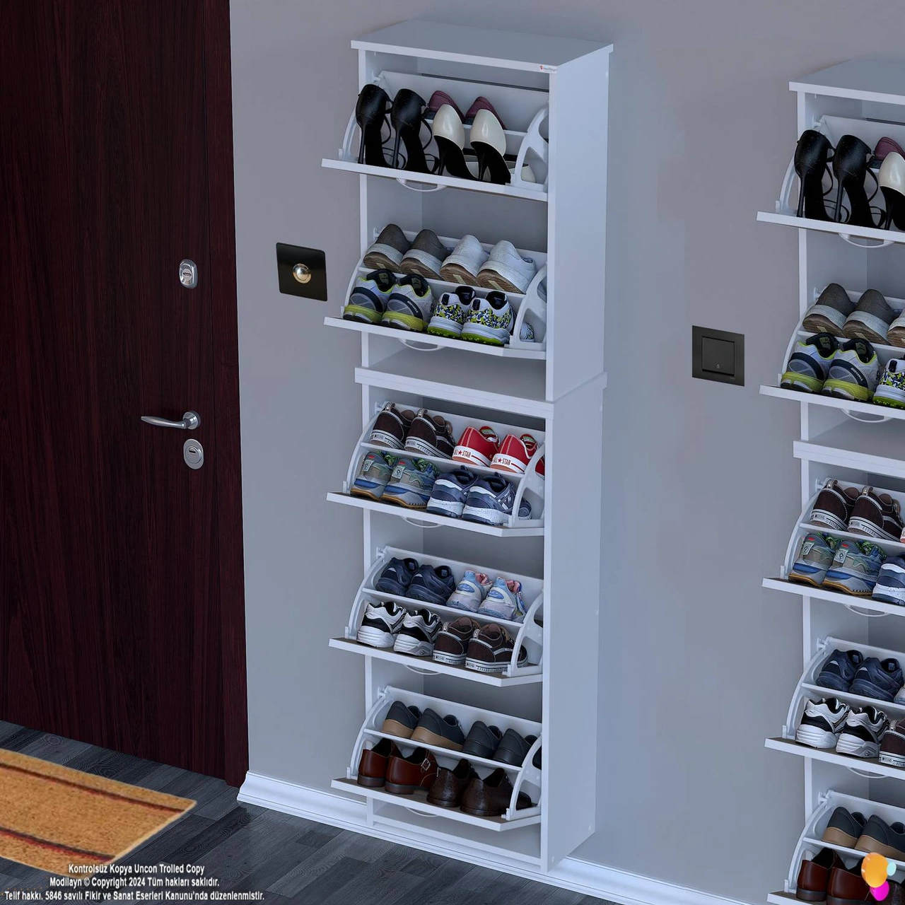 İkra Meşe Renk Asma Ayakkabılık 52cm Kapı Önü 5 Düşer Kapak 10 Bölmeli Ayakkabılık 52x194x26 Cm Meşe