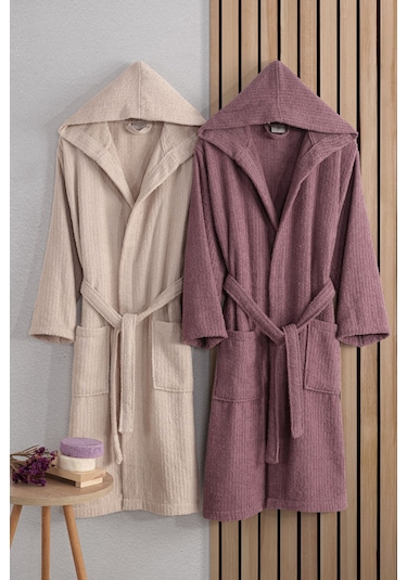 Güvenal Verona Pamuk 2'li Çizgili Kapüşonlu Bornoz Seti Bornoz Çeyiz Seti Bornoz Takımı 3 Çok Renkli