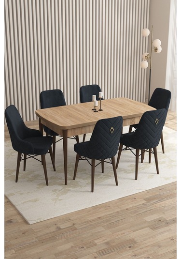 Mazaka Meşe Desen 80x132 Açılabilir Mdf Masa Yemek Odası Takımı, Mutfak Takımı 6 Adet Sandalye Antrasit