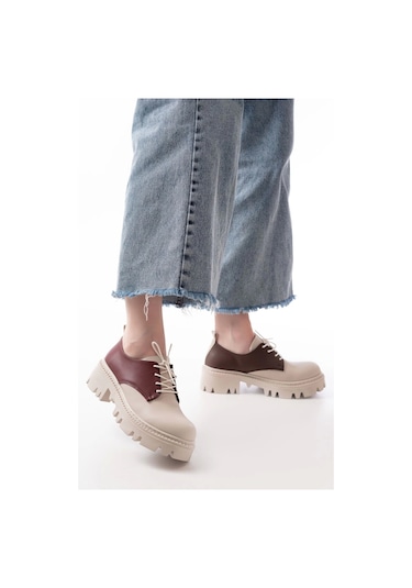 868-754 Bej Garni Bağcıklı Günlük Yüksek Tabanlı Loafer Ayakkabı Bej