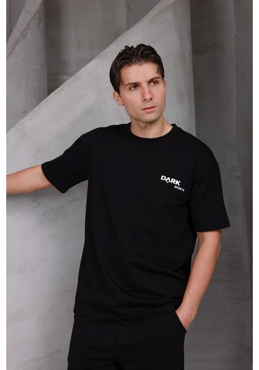 Erkek Baskılı Oversize Bisiklet Yaka 2 İki İplik Kompakt T-shirt Siyah