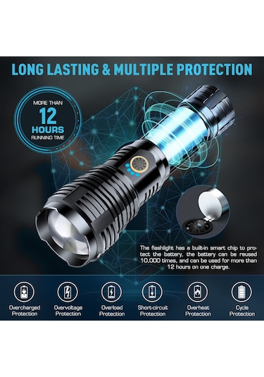Şarj Edilebilir El Fenerleri 90000 Yüksek Lümen, Yüksek Güçlü Led El Feneri, Xhp70.2 Yakınlaştırılab Siyah