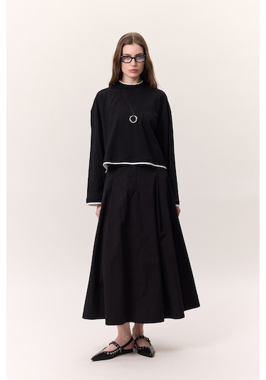 Cep Detaylı Geniş Etek Siyah Siyah