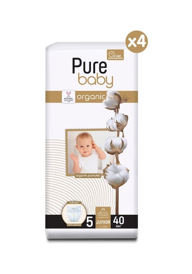 Pure Baby Organik Pamuklu Cırtlı Bez 4'lü Paket 5 Numara Junior 160 Adet 4'lü