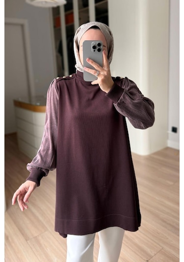 Kahijab Omzu Düğmeli Yarım Balıkçı Merserize Tunik - Kahverengi