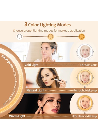 Işık Lambalı 8 İnç Makyaj Aynası 10x Büyütme 3 Renkli Işıklar, Diğer