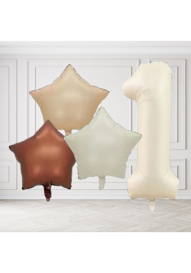 1 Yaş Retro Krem Bej Kahverengi Yıldız Folyo Balon Seti Krem Rakamlı Doğum Günü Şık Parti Süsleme Çok Renkli